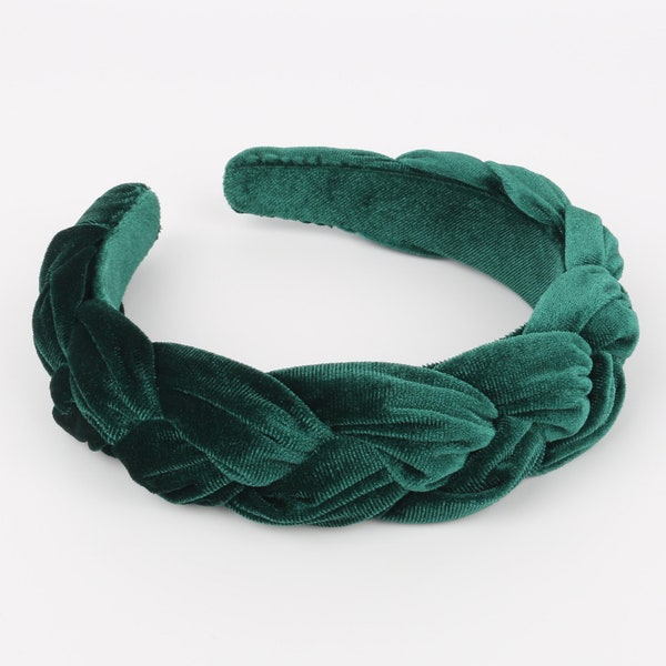 Blackish green velvet wide braided headband,Blackish green velvet flock deep braided headband,velvet padded headband,woven plait headband