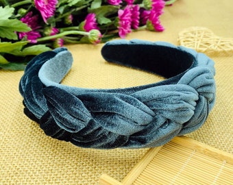 Lake blue velvet wide braided headband,Lake blue velvet flock deep braided headband,velvet padded headband,woven plait headband,Alice band