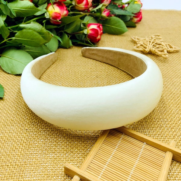 Ivory Pure Silk Wide Padded Headband,Headbands For Women,Padded Headband,Pure Silk Headband,Beige Silk Padded Headband,Elegant Headband