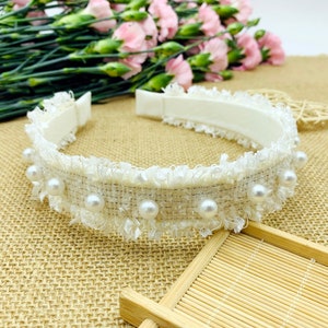 Creme Tweed Stirnband mit Perlen,weißes Tweed Stirnband,stylisches Mode Haarband,Boho Stirnband,Stirnbänder für Frauen,Perlen Stirnband