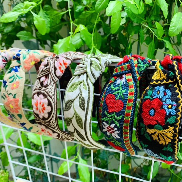 Vintage lint geknoopte hoofdband, Boho hoofdband, lint hoofdband, Boho hoofdband, Aliceband, Retro Floral Flower hoofdband, hoofdbanden voor vrouwen