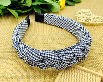 Navy blue gingham Braided headband,Navy blue headband,Headbands for women,Bohemian Braided Headbands,Navy blue gingham Headband,woven plait