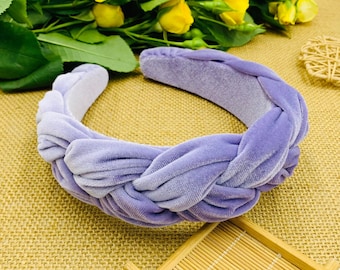 Lavender velvet wide braided headband,Lavender velvet flock deep braided headband,Lavender padded headband,woven plait headband