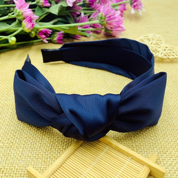 Bandeau en satin bleu marine, bandeau nœud en satin bleu marine, bandeaux pour femmes, bandeau large, bande alice, bandeau marine, bandeau papillon