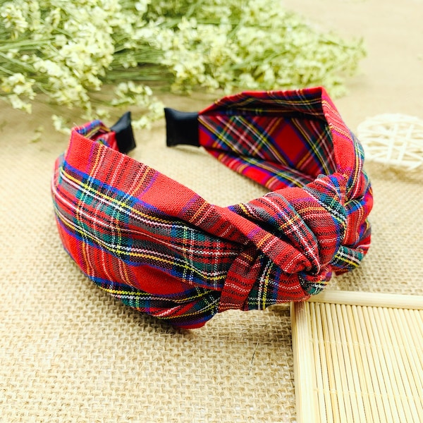 Red Christmas Plaid wide knotted Headband,wide headband,Tartan Fabric Headband,Headbands for women,Red Plaid Hairband,Plaid Crown,aliceband