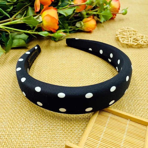 Black Polka Dots Padded Headband,Headbands For Women,Polka Dots Headband,Padded Headband,White Polka Dots Headband,Elegant Headband