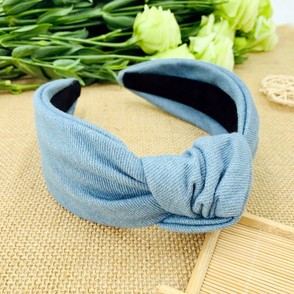 Light blue denim wide knot headband,Denim knotted headband,Denim headband,stylish fashion hairband,Wide Headband,Light blue headband