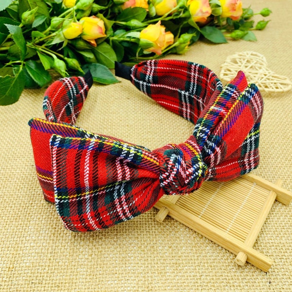 Red Plaid big bow knotted Headband,wide headband,red Tartan Fabric Headband,Headbands for women,Plaid Bow Hairband,Plaid Crown