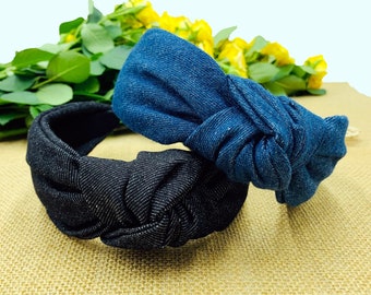Dunkelblaues Denim-Stirnband mit breitem Knoten,Denim-Stirnband mit Knoten,Denim-Stirnband, stylisches Mode-Haarband