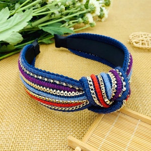 Marineblauwe boho-hoofdband, geknoopte hoofdband met kralenstuk, stijlvolle mode-haarband, boho-hoofdband, brede hoofdband, koffiehoofdband