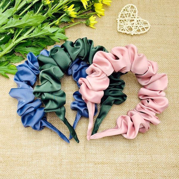 Satin Ruched Ruffle Headband,Olive green Scrunchie headband,aliceband,Ruched headband,bohemian headband,pink satin headband,Gray blue satin