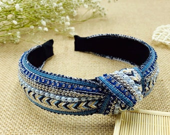 Blue bohemian knot headband with rhinestones,Bead piece knotted headband,stylish fashion hairband,rhinestones headband,Wide Headband