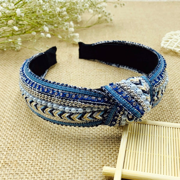 Blue bohemian knot headband with rhinestones,Bead piece knotted headband,stylish fashion hairband,rhinestones headband,Wide Headband