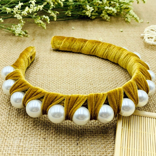 Blue Velvet Braided Headband With Big Pearlsvelvet Wrap Etsy