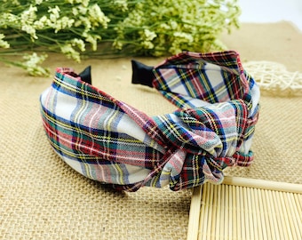 Green Christmas Plaid wide knotted Headband,wide headband,Tartan Fabric Headband,Headbands for women,Spanish Plaid Hairband,Plaid Crown