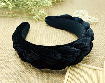 Black velvet wide braided headband,Black velvet flock deep braided headband,Alice headband,velvet braided headband,velvet padded headband