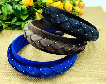 Black velvet wide braided headband with silver dots,Navy blue velvet flock deep braided headband,Alice headband,velvet braided headband