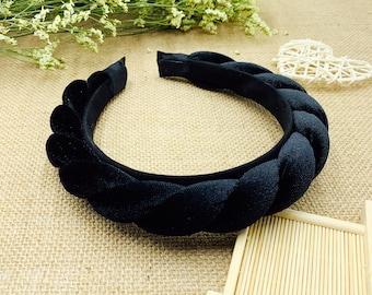 Black velvet padded braided headband,Braided velvet flock deep padded headband,Alice headband,velvet braided headband,velvet padded headband