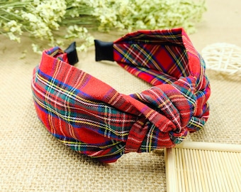 Red Christmas Plaid wide knotted Headband,wide headband,Tartan Fabric Headband,Headbands for women,Red Plaid Hairband,Plaid Crown,aliceband