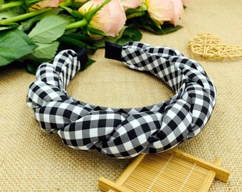 Black gingham padded braided headband,Matador headband,Black gingham braided headband,Black gingham padded headband,Wide headband