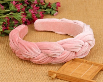 Light pink velvet wide braided headband,Light pink velvet flock deep braided headband,velvet padded headband,woven plait headband
