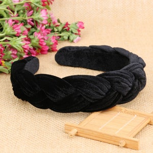 Black velvet wide braided headband,Black velvet flock deep braided headband,Black velvet padded headband,Aliceband,Black braided headband