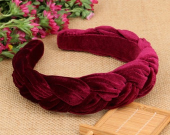 Wine red velvet wide braided headband,Wine red velvet flock deep braided headband,Alice headband,velvet padded headband,woven plait headband