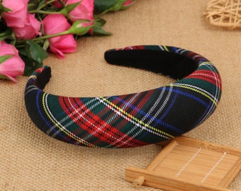 Black Christmas Plaid Padded Headband,Padded headband,Tartan Fabric Headband,Headbands for women,Black Plaid Headband,Wide Headband
