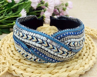 Blue bohemian twisted headband with rhinestones,Bead piece twisted headband,stylish fashion hairband,rhinestones headband,Wide Headband