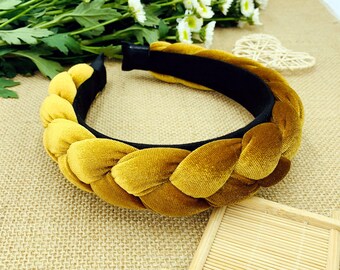 Mustard velvet padded braided headband,Braided velvet flock deep padded headband,Aliceband,velvet braided headband,velvet padded headband