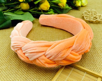 Diadema trenzada ancha de terciopelo naranja, diadema trenzada profunda con flocado de terciopelo naranja, diadema acolchada de terciopelo naranja, diadema trenzada tejida, Aliceband