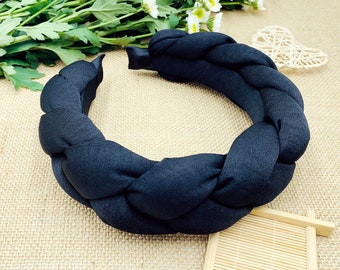 Black satin padded braided headband,Braided satin flock deep padded headband,Alice headband,satin braided headband,satin padded headband