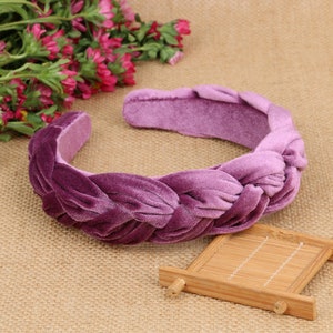 Dusky purple velvet wide braided headband,Dusky purple velvet flock deep braided headband,Purple velvet padded headband,woven plait headband