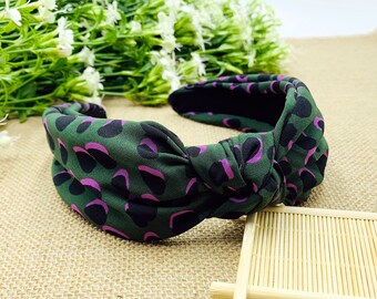 Green Leopard Print Knotted Headband,Chiffon Headband,Original Boho Headband,Wide Headband ,stylish fashion hairband,Headbands for women
