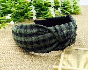 Green gingham wide knotted Headband,wide headband,Boho Headband,stylish fashion hairband,Headbands for women,vintage headband,aliceband