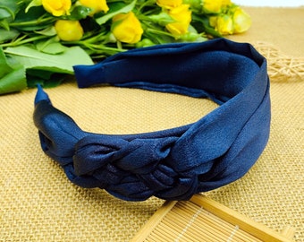 Navy blue satin braided headband,stylish fashion hairband,Headbands for women,Bohemian Braided Headbands,Twisted Knot Headband,woven plait