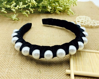Schwarzes Samt geflochtenes Stirnband mit großen Perlen, Samtwickel-Stirnband mit großen Perlen für Frauen, Alice-Stirnband, Perlenkrone, Perlenstirnband