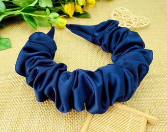 Navy Blue Satin Ruched Ruffle Headband,Navy Blue Scrunchies headband,aliceband,Ruched headband,volume wave headband,bohemian headband