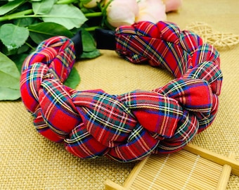 Fascia per capelli imbottita e intrecciata a quadri rossi natalizi, Fascia per capelli intrecciata a quadri, Fascia per capelli in tessuto tartan, Fasce per capelli da donna, Fascia per capelli imbottita a quadri rossi