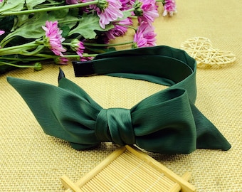 Diadema grande con lazo de satén verde oscuro, diadema anudada con lazo de satén verde oscuro, diademas para mujer, diadema ancha, diadema con lazo