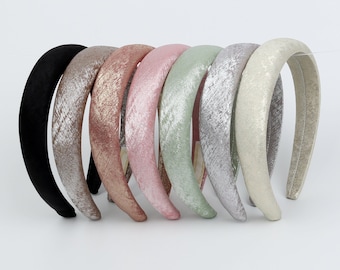 Diadema acolchada de satén con brillo plateado, diademas para mujer, diadema de color liso, diadema acolchada, diadema de satén negro, diadema elegante