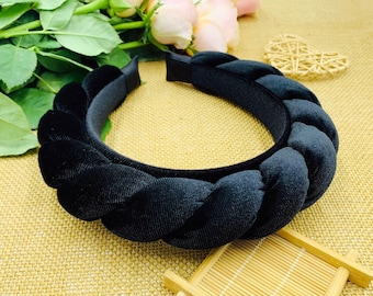 Black velvet bigger padded braided headband,Braided velvet flock deep padded headband,Black velvet braided headband,velvet padded headband