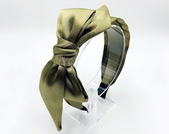 Diadema con lazo grande de satén verde oliva, diadema anudada con lazo de satén gris, diademas para mujer, diadema ancha, diadema de satén, diadema con lazo lateral
