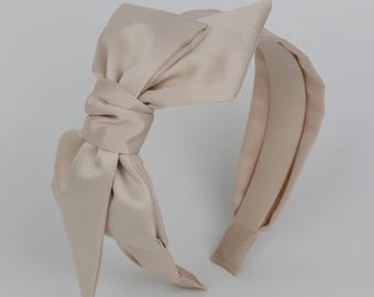 Champagne Satin Big Bow Headband, Beige satin bow knotted headband, Headbands for women, Wide headband, Champagne headband,Side bow headband