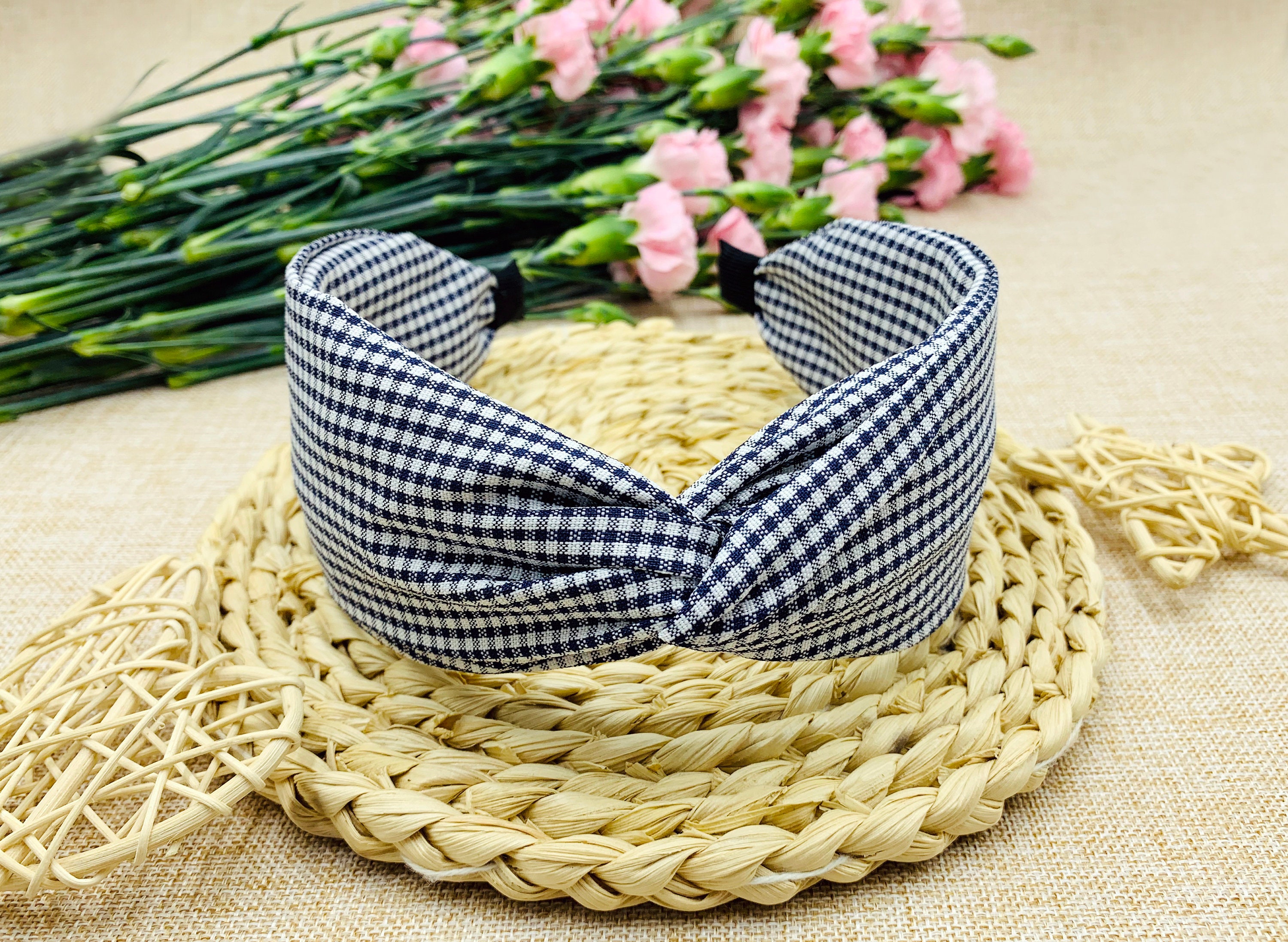 Navy blue gingham twisted Headbandwide headbandBoho Etsy