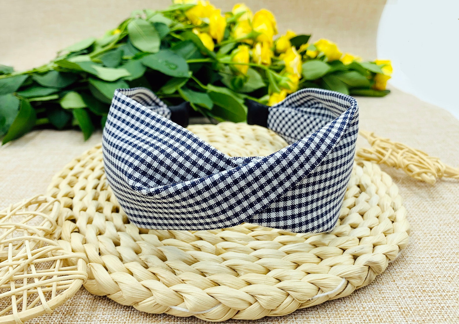 Navy Blue Gingham Twisted Headbandwide Headbandboho Etsy