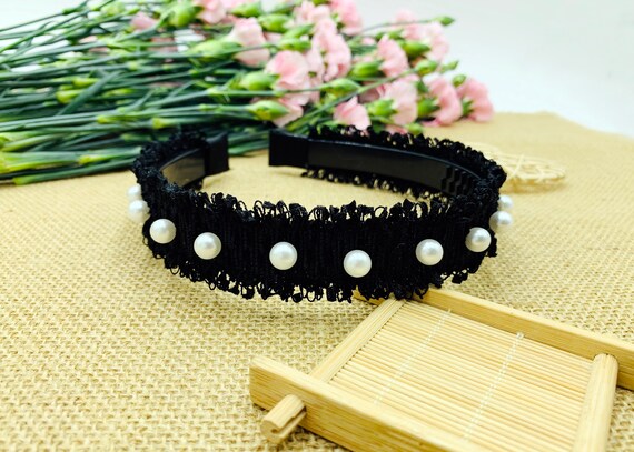 Black Tweed Headband With Pearls,tweed Headband,stylish  display picture 1
