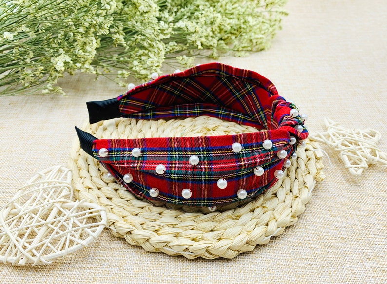Red Christmas Plaid Wide Knotted Headband With Pearlswide Etsy