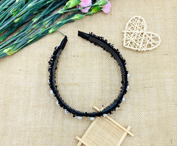 Black Tweed Headband With Pearls,tweed Headband,stylish  display picture 2