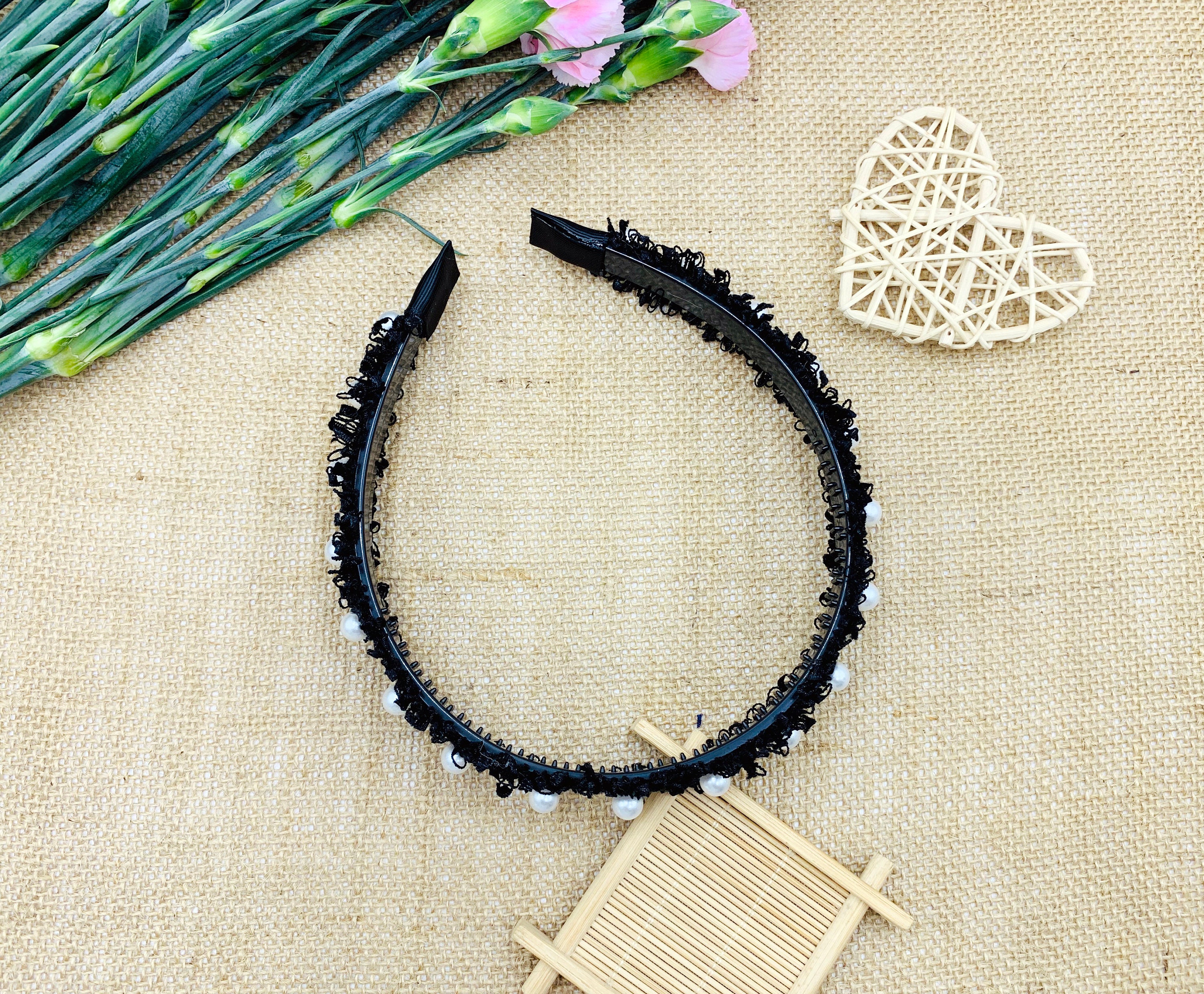 Black Tweed Headband With Pearls,tweed Headband,stylish  display picture 3